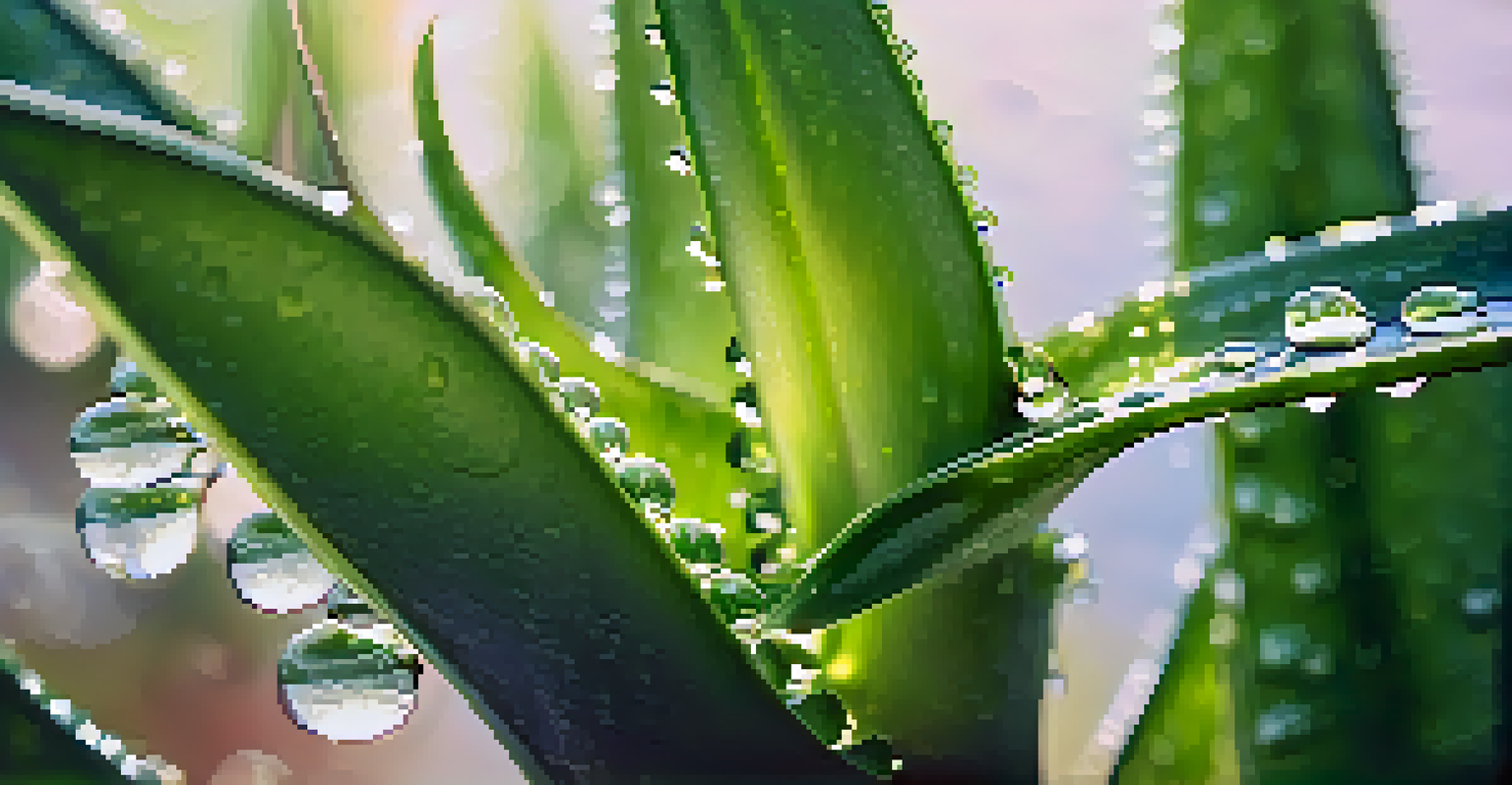 A close-up of a green aloe vera plant with water droplets, set against a blurred natural background, illuminated by sunlight.