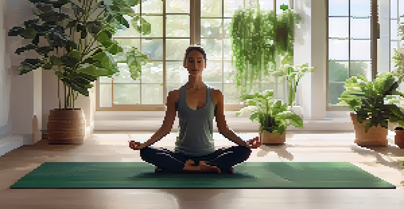 A person meditating on a yoga mat surrounded by indoor plants, with soft natural light coming through large windows, creating a peaceful atmosphere.
