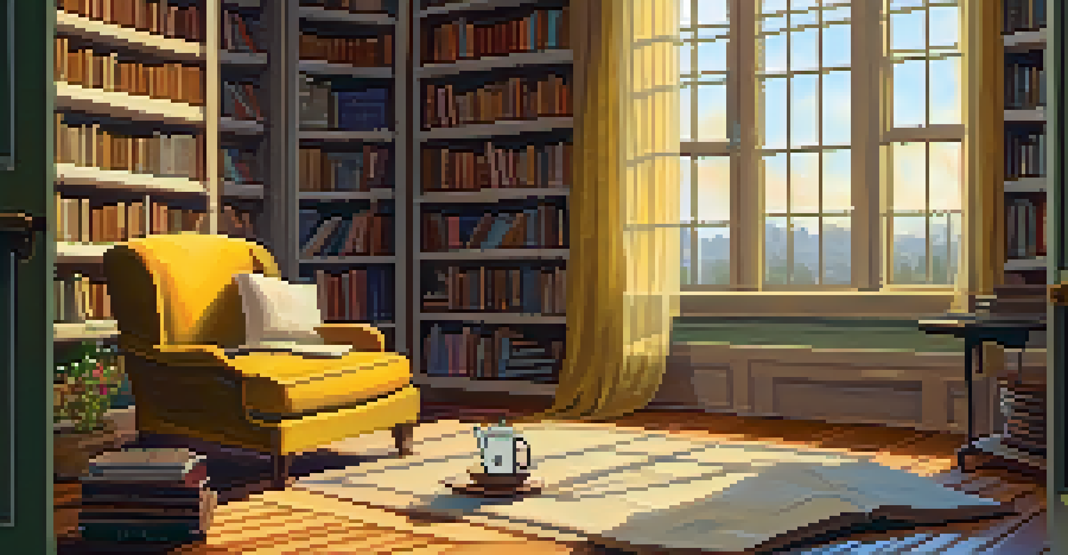 A cozy reading nook with an armchair, a cup of tea, and an open book, illuminated by warm light on a rainy day.