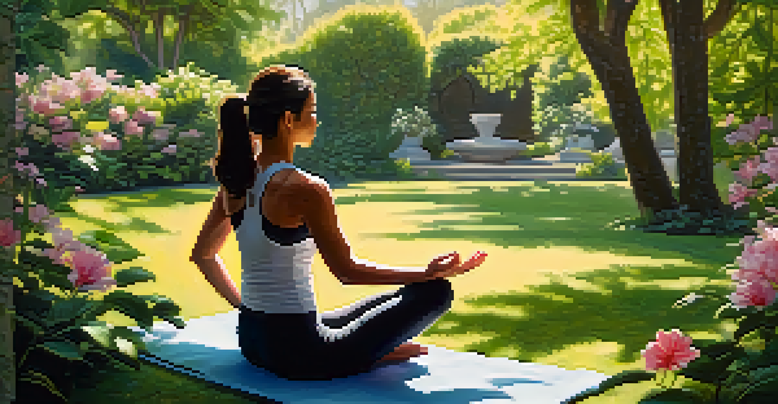 A person practicing yoga outdoors in a lush garden, surrounded by flowers and greenery, with sunlight filtering through the leaves.