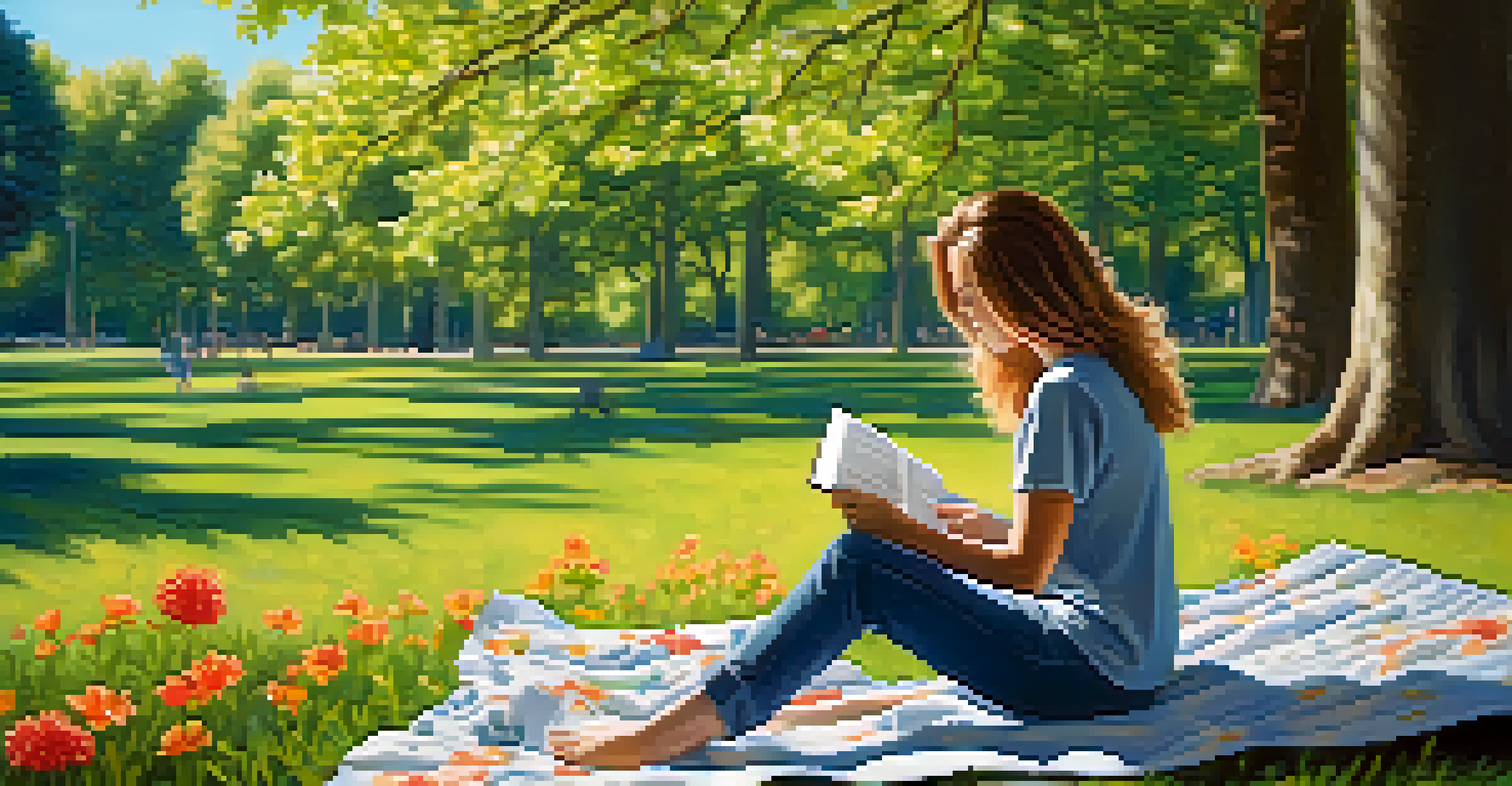 A person relaxing on a blanket in a sunny park, surrounded by trees and flowers, enjoying nature for stress relief.