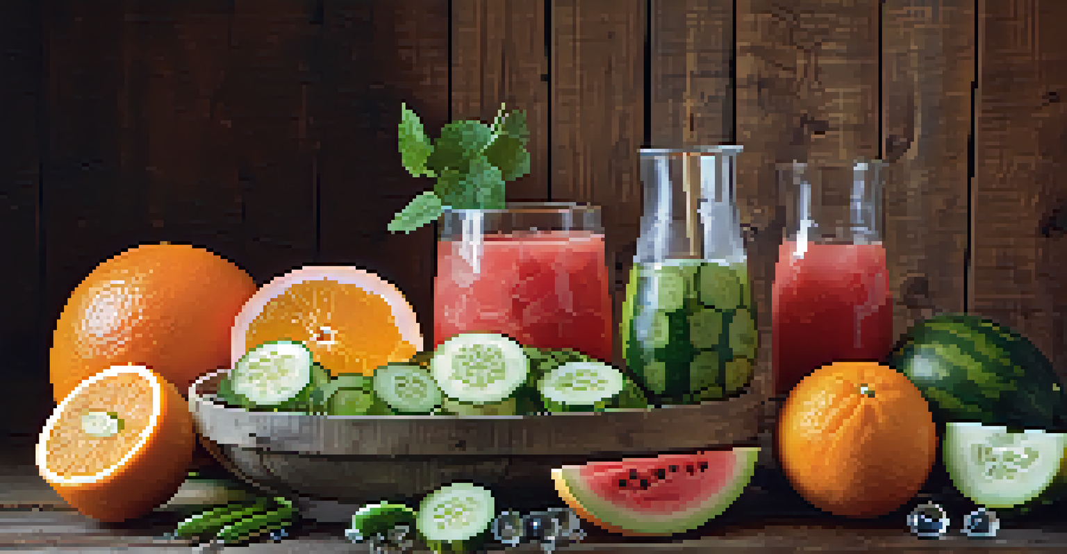 A colorful display of hydrating fruits on a wooden table, highlighting their freshness.