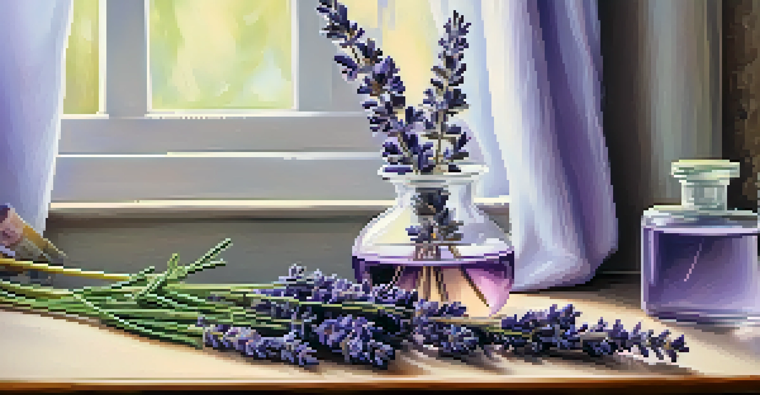 An elegant arrangement of lavender sprigs in a glass diffuser with lavender essential oil bottles and dried lavender.