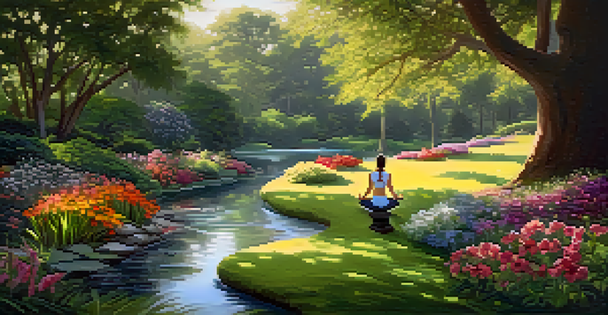 A person practicing yoga in a colorful garden with flowers and a stream, showcasing tranquility and nature.
