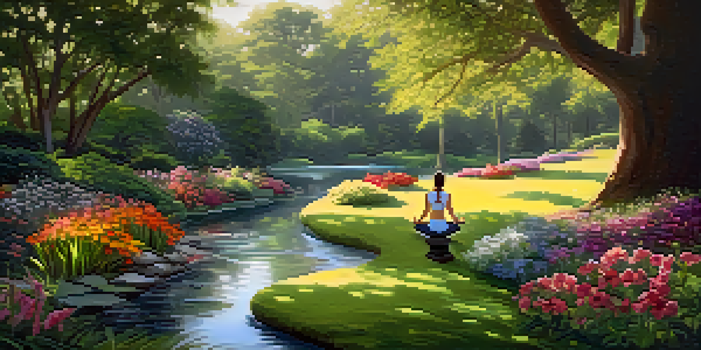 A person practicing yoga in a colorful garden with flowers and a stream, showcasing tranquility and nature.