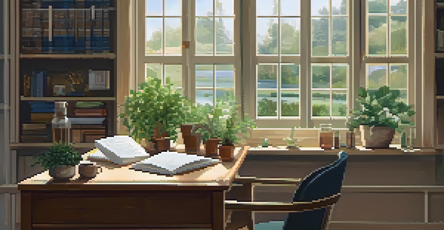A cozy home office with a chair, desk, homeopathic remedy bottles, and plants, illuminated by natural light.