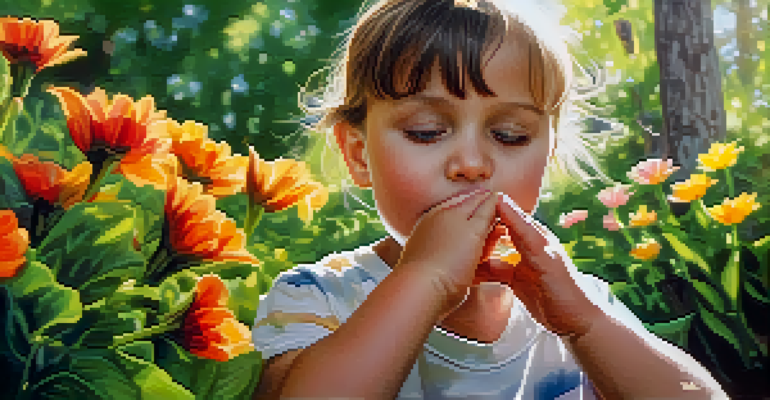 A child's hands demonstrating deep breathing exercises in a vibrant garden surrounded by flowers and greenery.