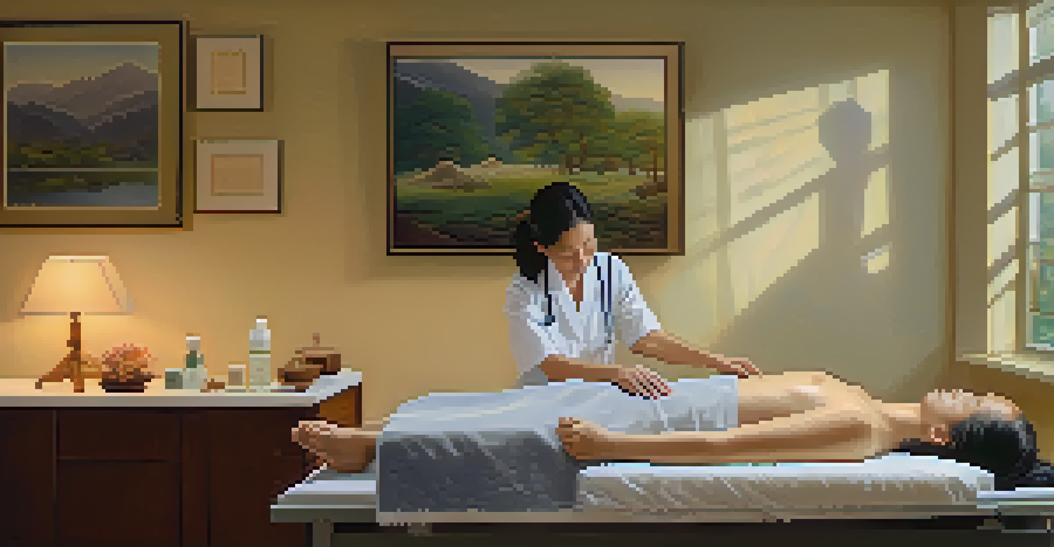 A peaceful acupuncture session with a patient on a treatment table, needles in place, and a practitioner providing support in a softly lit room.