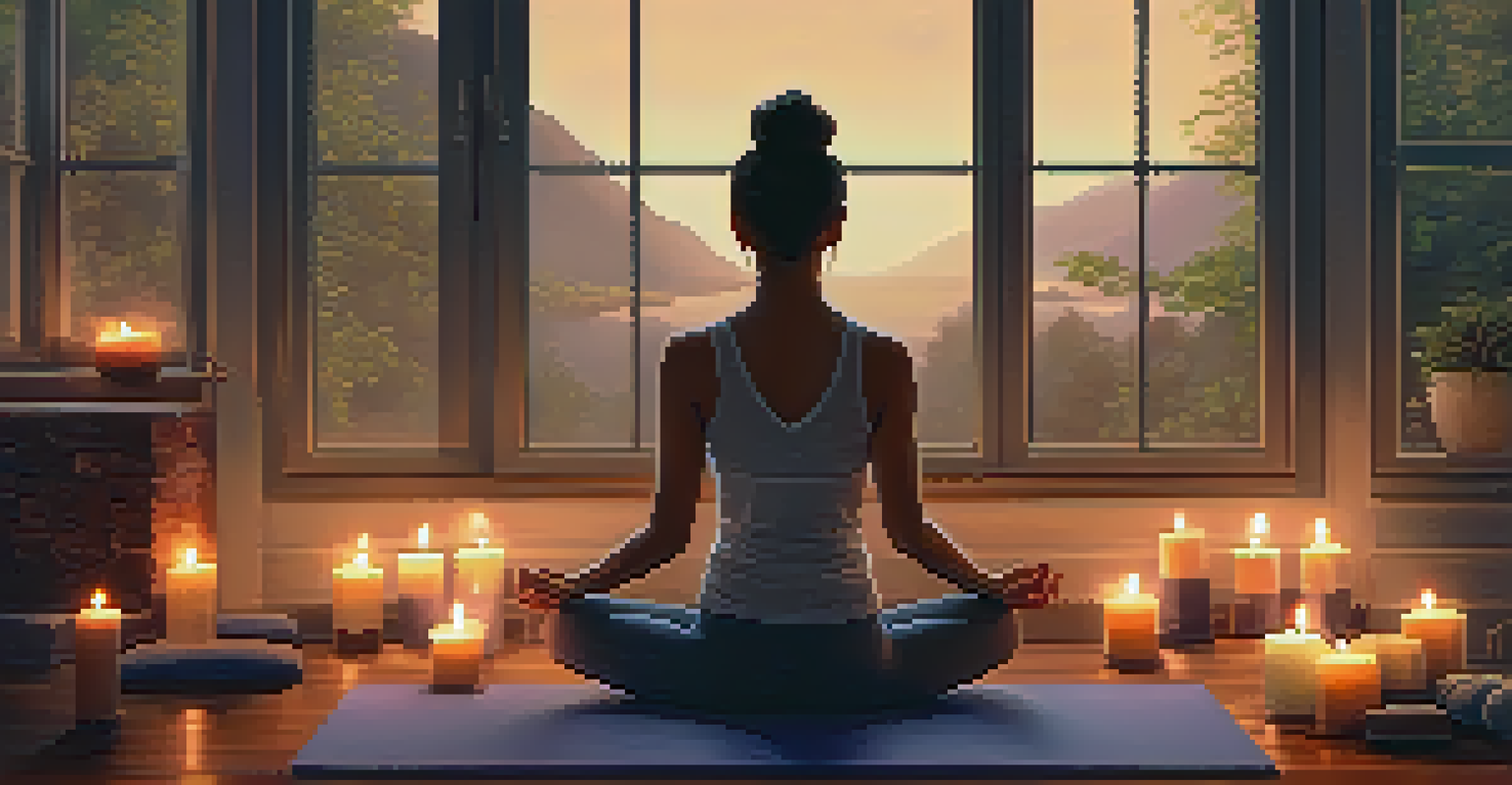 A person meditating on a yoga mat in a cozy home, surrounded by candles and cushions.