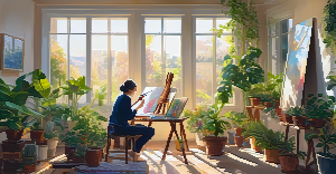 An individual engaged in an art therapy session, painting in a sunlit room filled with plants and art supplies.