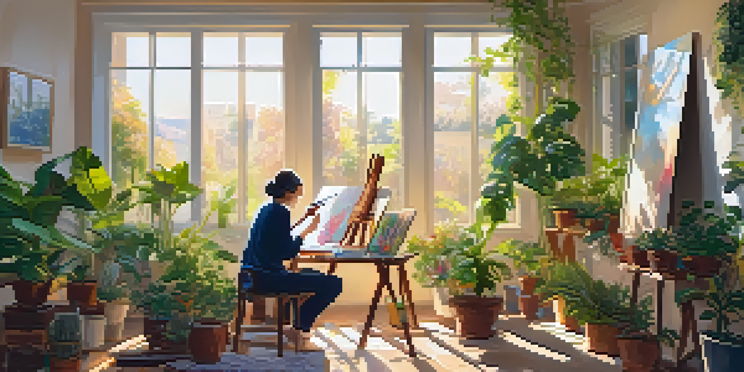 An individual engaged in an art therapy session, painting in a sunlit room filled with plants and art supplies.