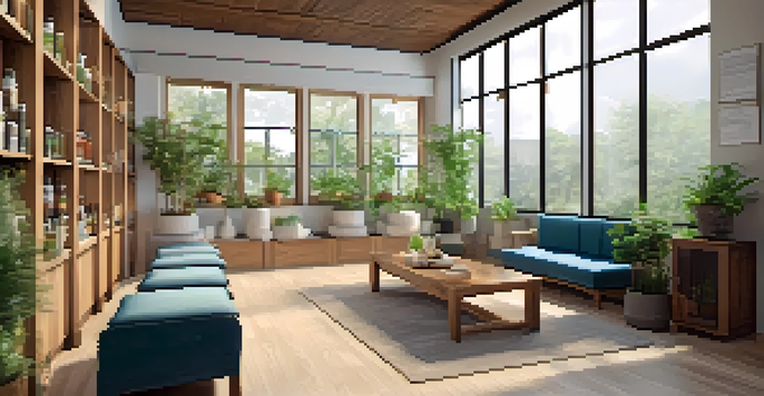 A peaceful naturopathic clinic with wooden shelves of herbal remedies, potted plants, and natural light coming through windows.