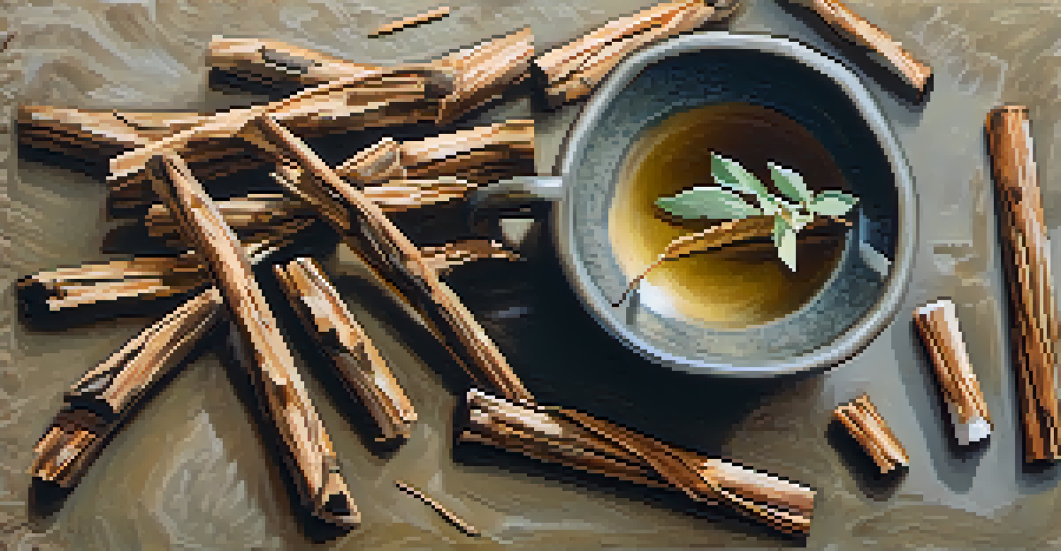 Willow bark pieces and a bowl of willow bark tea on a stone surface, illuminated by soft natural light.