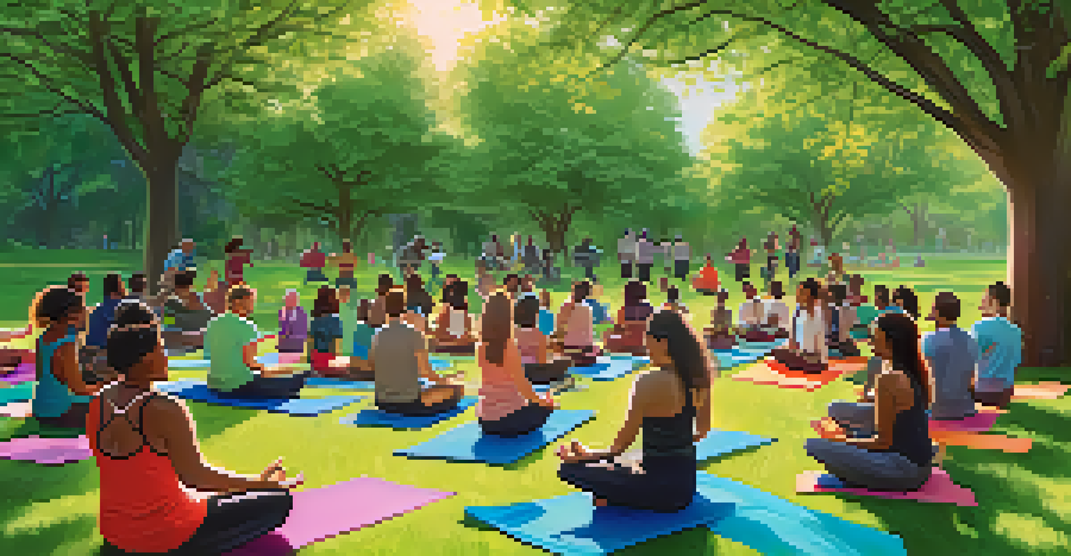 A lively outdoor community wellness workshop in a park, with participants practicing yoga and meditation amidst a bright sunny day.