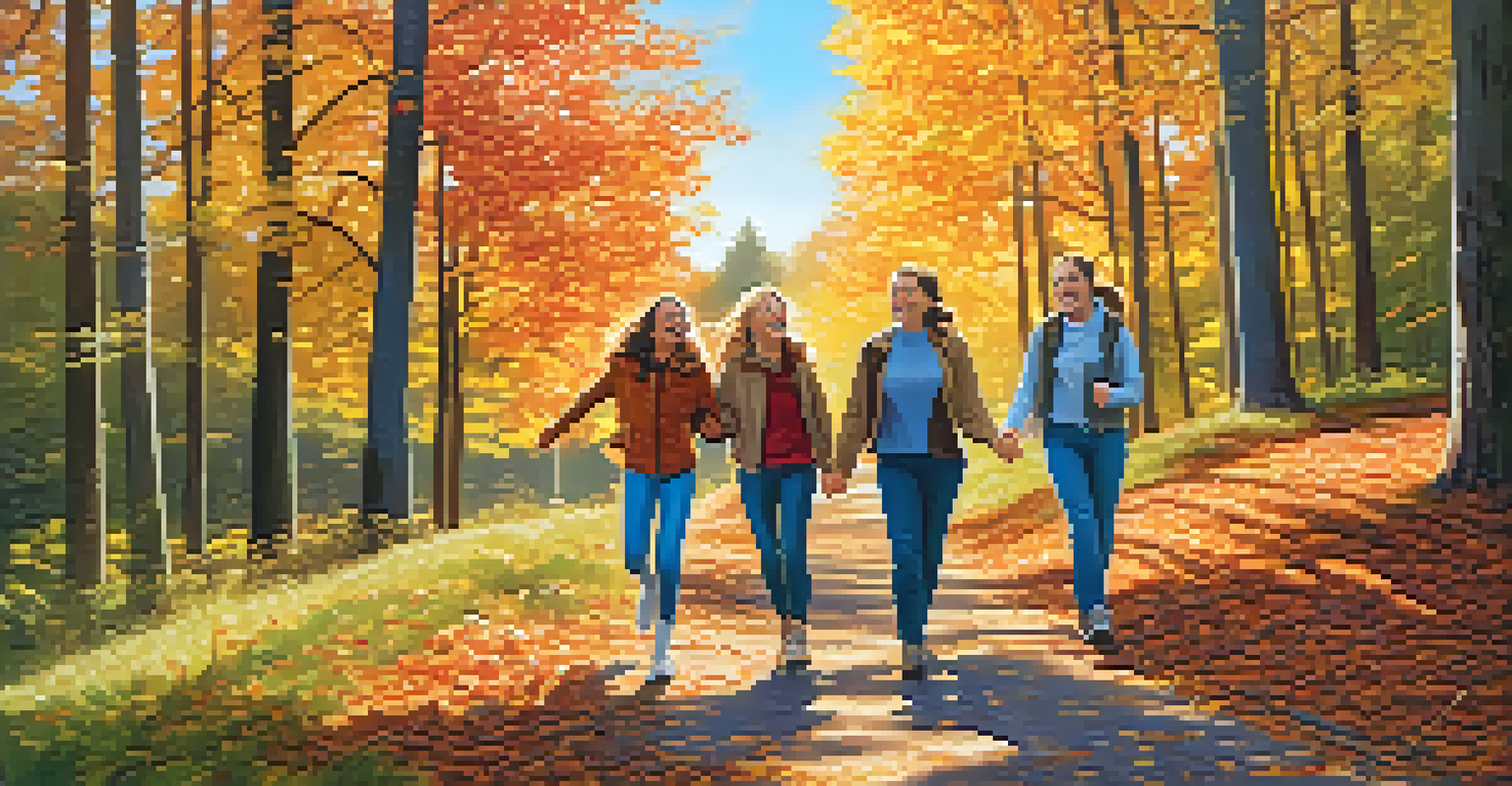 A group of friends walking together on a nature trail, surrounded by trees and autumn leaves, enjoying a sunny day.