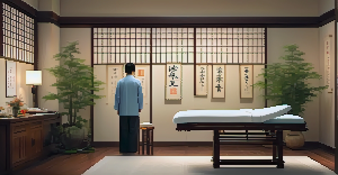 A peaceful acupuncture treatment room with a patient receiving treatment and an acupuncturist present.