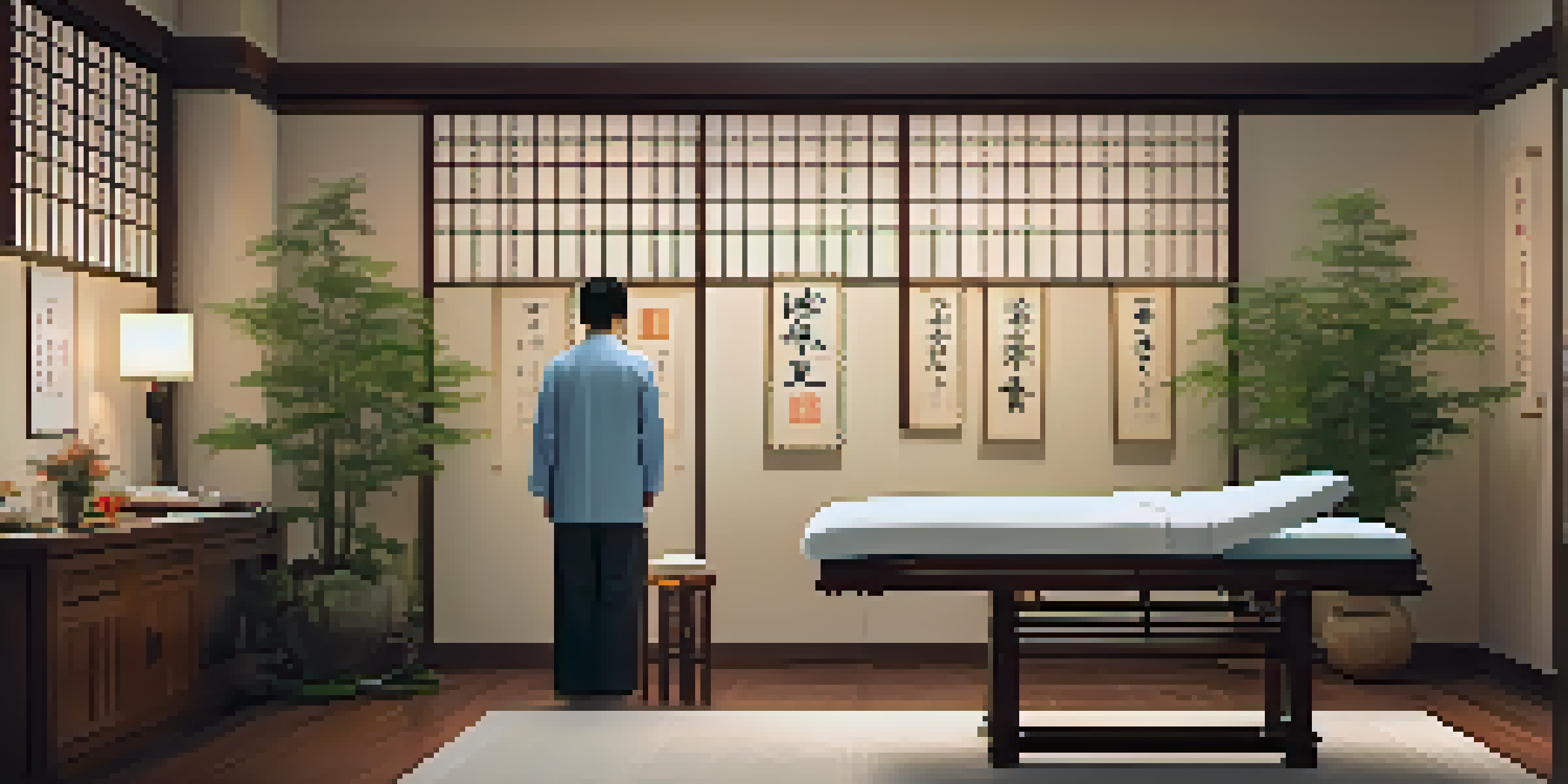 A peaceful acupuncture treatment room with a patient receiving treatment and an acupuncturist present.