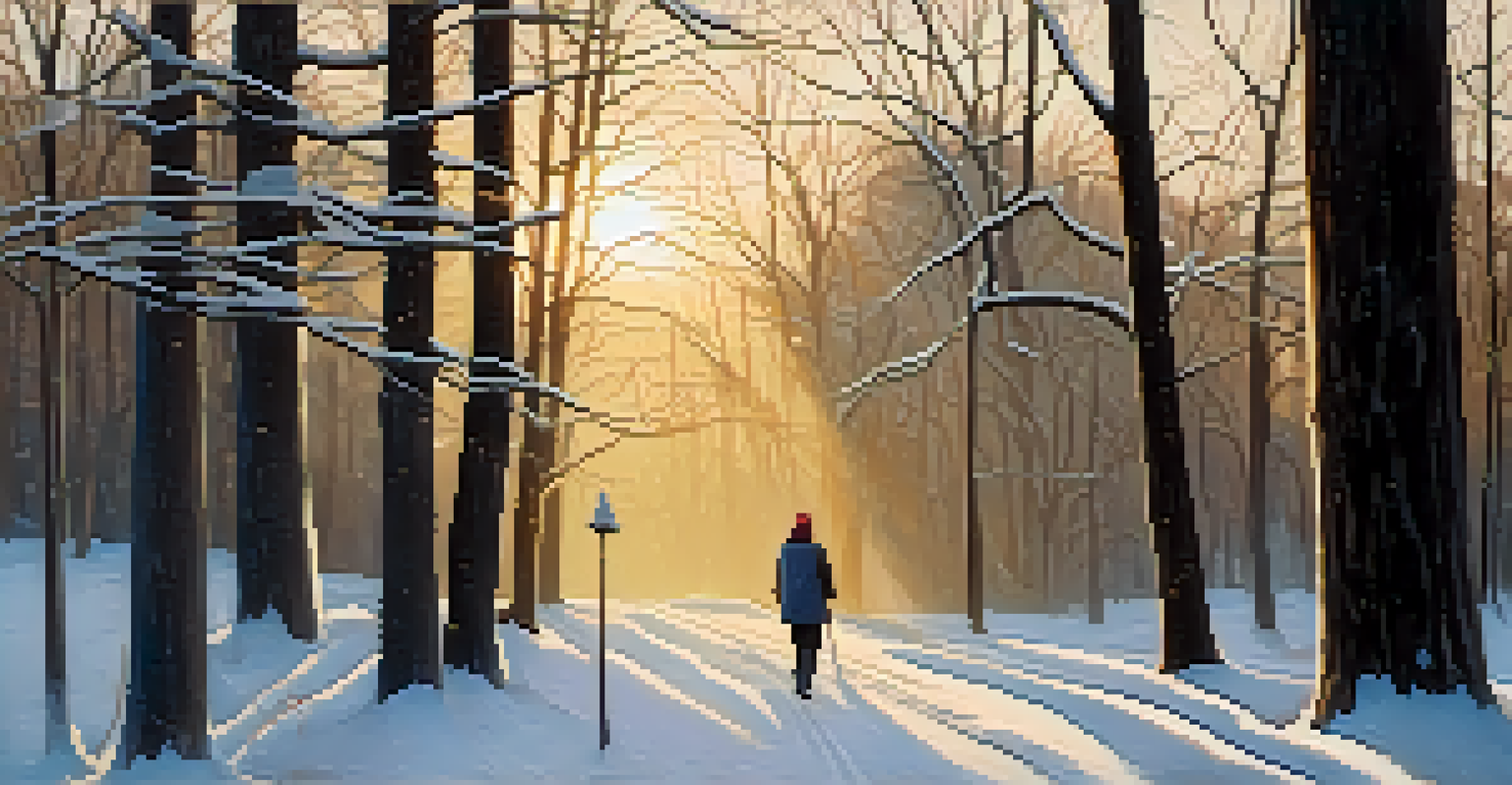 A person walking in a snow-covered park, surrounded by trees, with soft sunlight filtering through the branches.