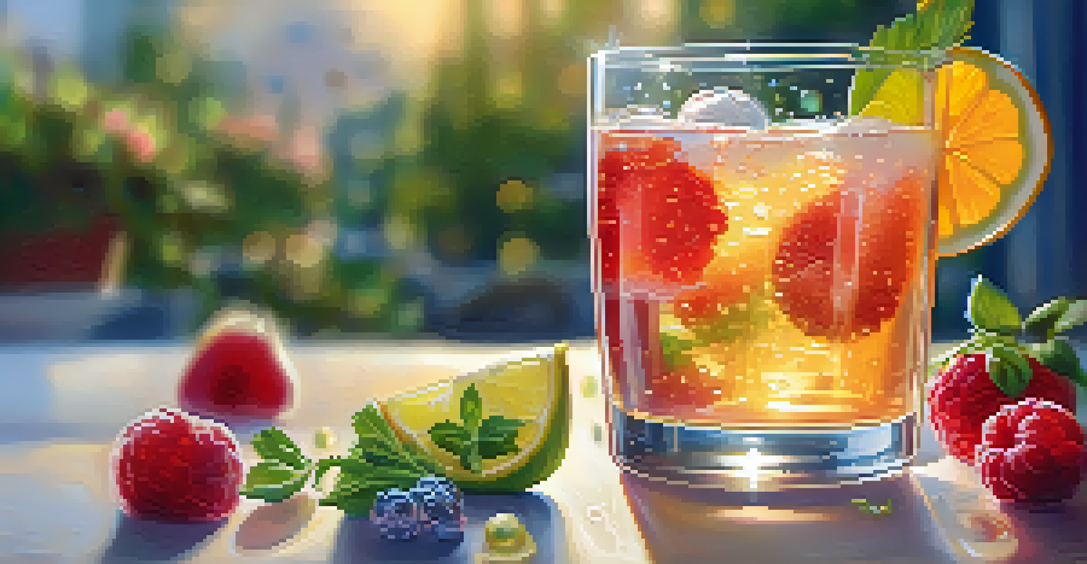 A glass of bubbly kombucha surrounded by fresh fruits and herbs, sparkling in the sunlight.