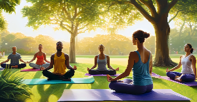 A diverse group of individuals practicing yoga in a green park during sunrise, showcasing relaxation and harmony.
