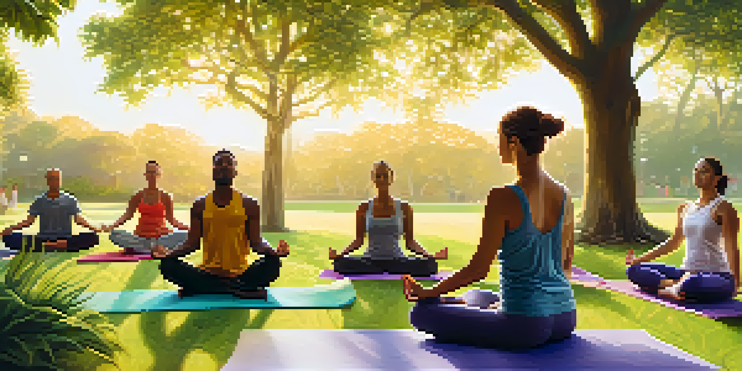 A diverse group of individuals practicing yoga in a green park during sunrise, showcasing relaxation and harmony.