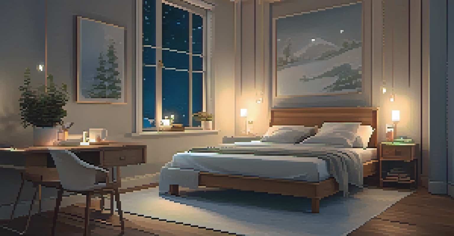 A cozy bedroom with a neatly made bed, soft lighting, and a peaceful night scene outside the window, ideal for sleep hygiene.