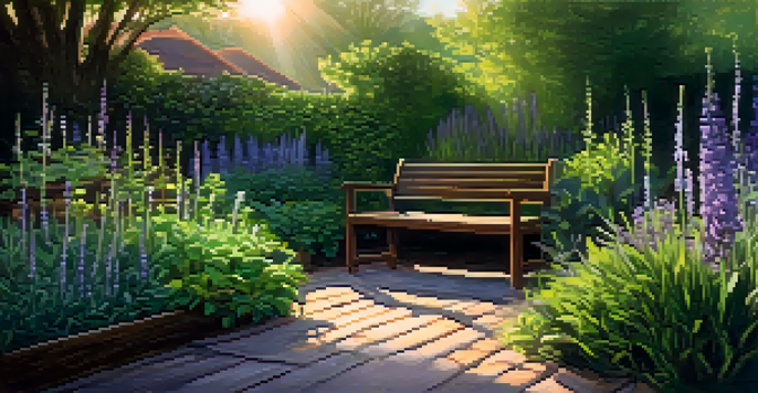 A peaceful herbal garden with different herbs and sunlight filtering through the leaves.