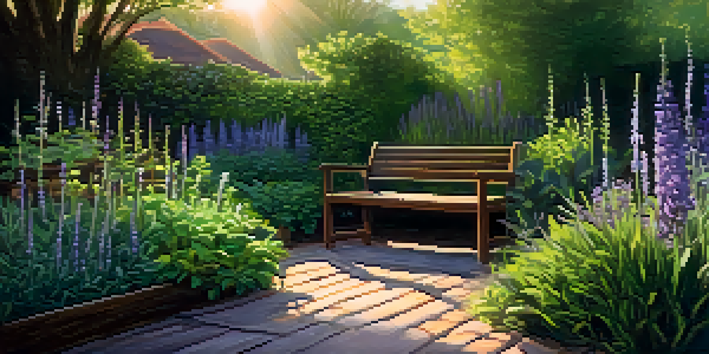 A peaceful herbal garden with different herbs and sunlight filtering through the leaves.