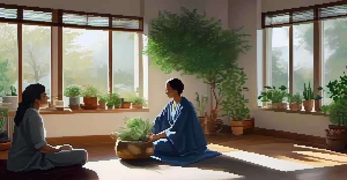 A naturopathy consultation in a cozy room, with a practitioner and a patient surrounded by plants and herbal remedies, showcasing mindfulness techniques.
