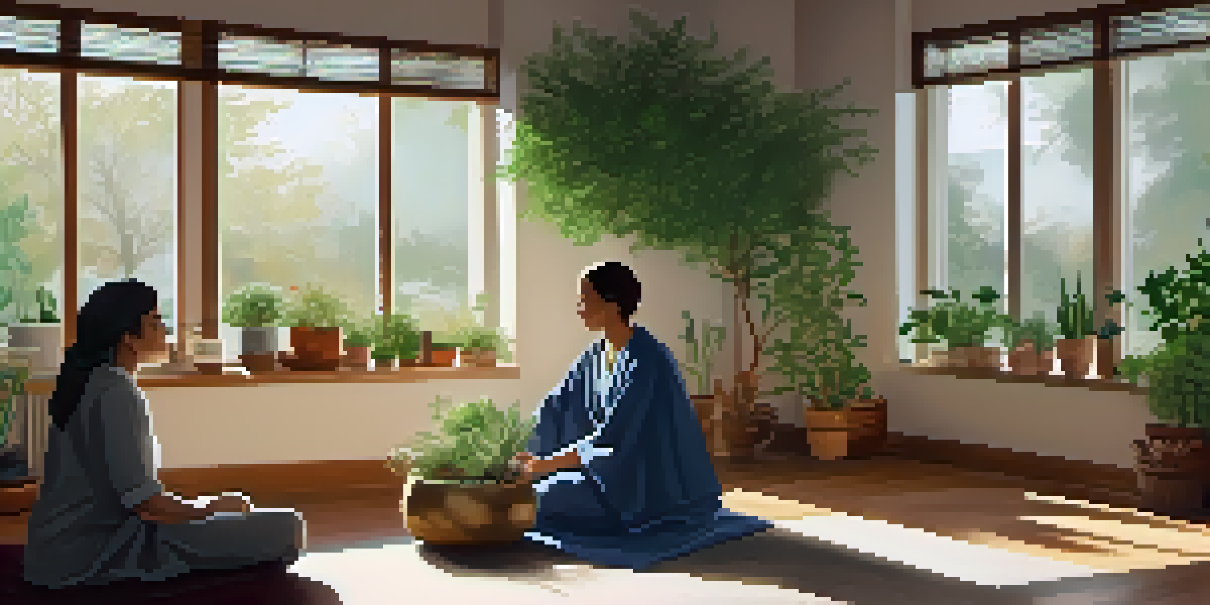 A naturopathy consultation in a cozy room, with a practitioner and a patient surrounded by plants and herbal remedies, showcasing mindfulness techniques.