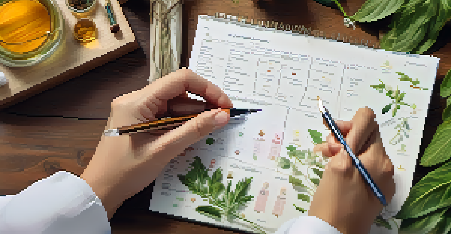 A close-up of a naturopath consulting with a patient, discussing a health chart with herbal remedies on the table.