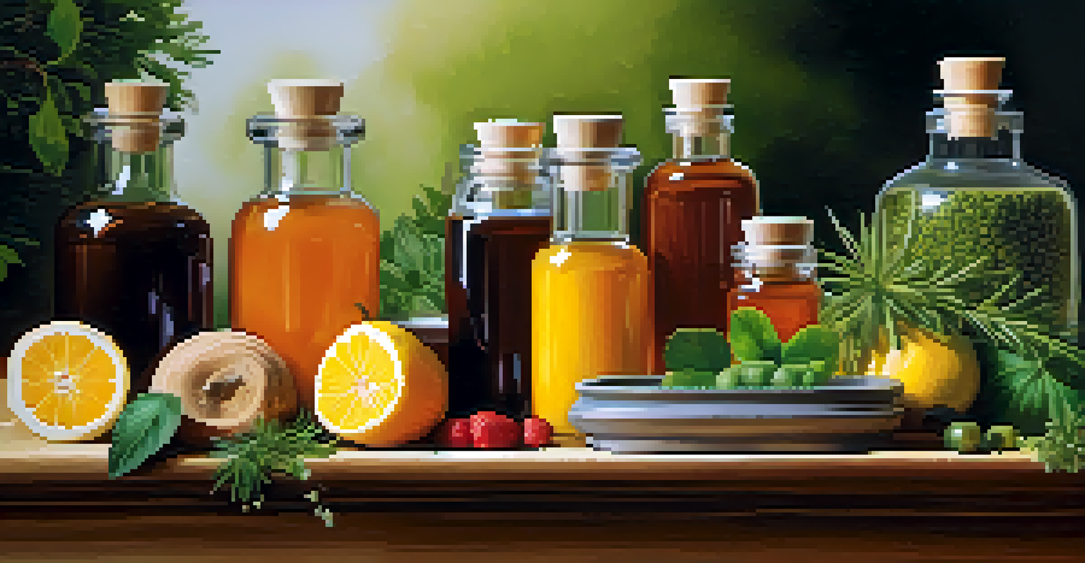 A close-up view of a wooden table with herbal remedies, essential oils, and fruits, illuminated by warm lighting, showcasing a holistic approach.