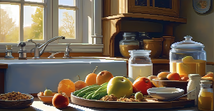 A cozy kitchen table with fresh fruits, vegetables, yogurt, granola, and honey, bathed in warm sunlight.