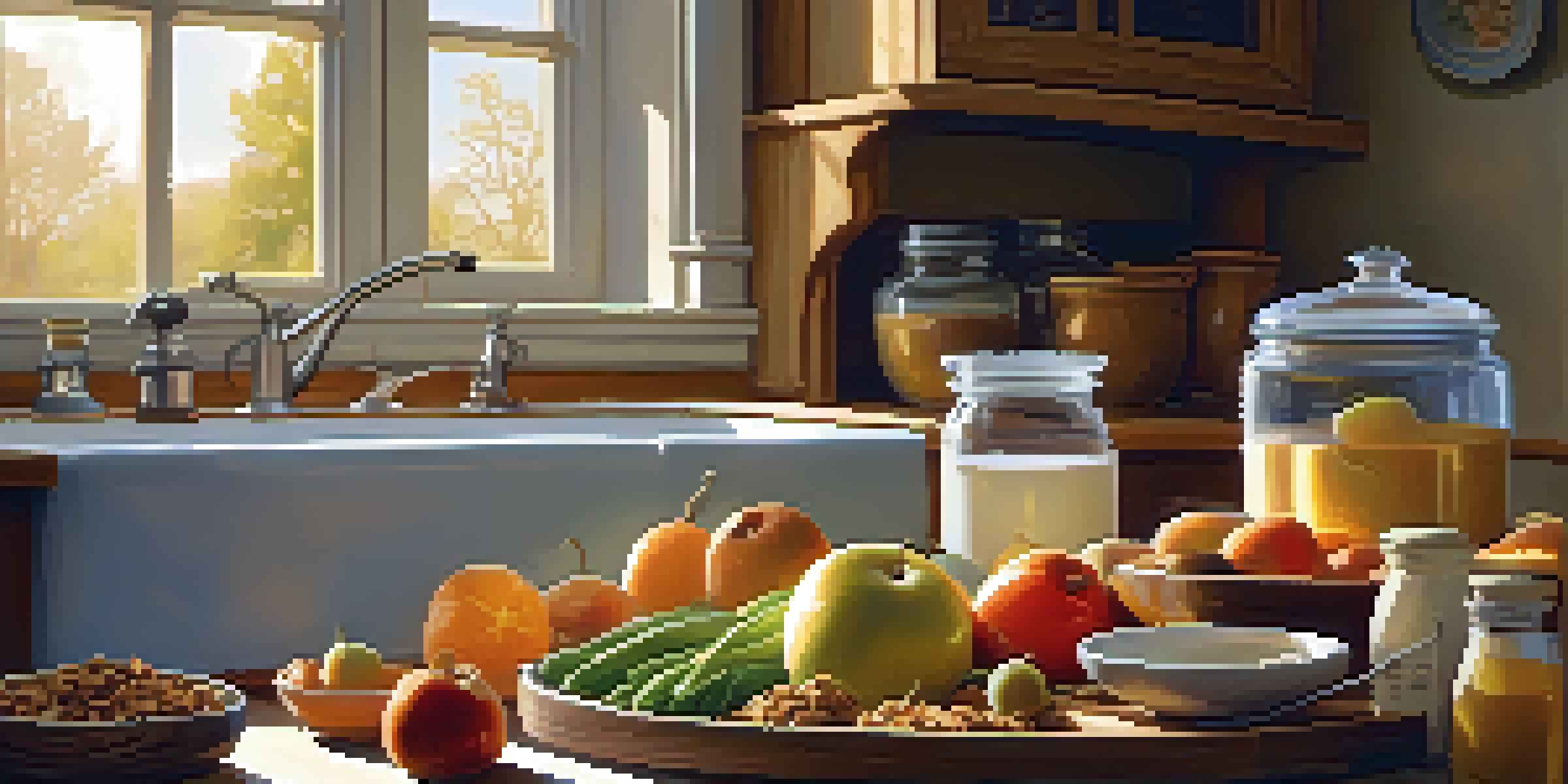 A cozy kitchen table with fresh fruits, vegetables, yogurt, granola, and honey, bathed in warm sunlight.