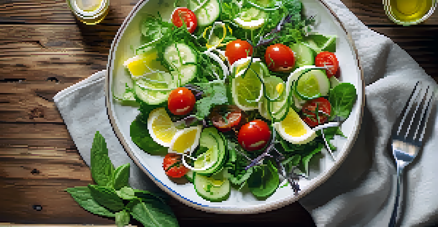 A colorful salad with fresh ingredients and lemon essential oil dressing, displayed on a wooden table with natural light highlighting the colors.