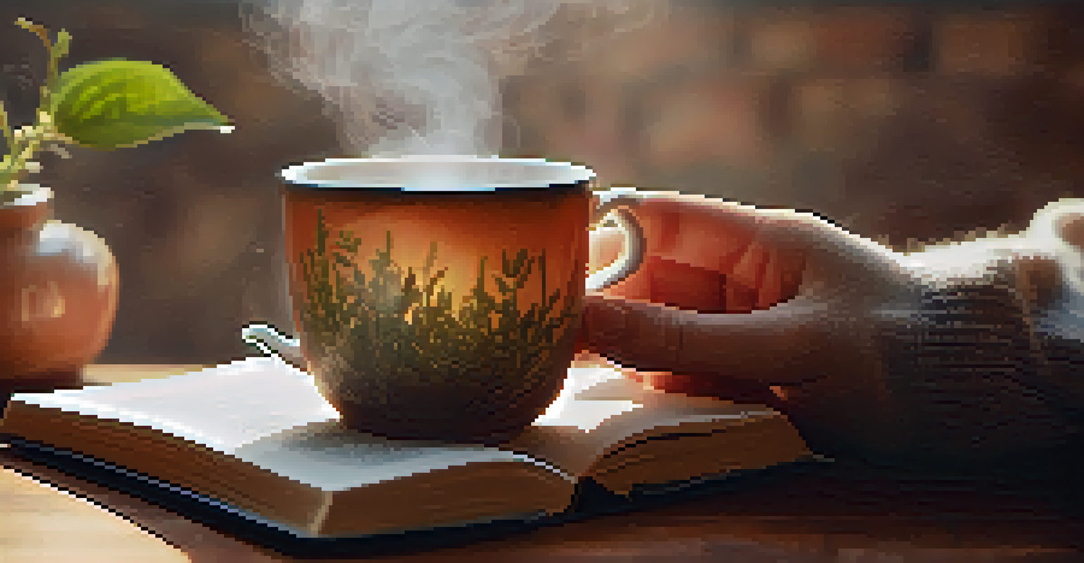 Close-up of hands holding a steaming cup of herbal tea in a cozy setting.