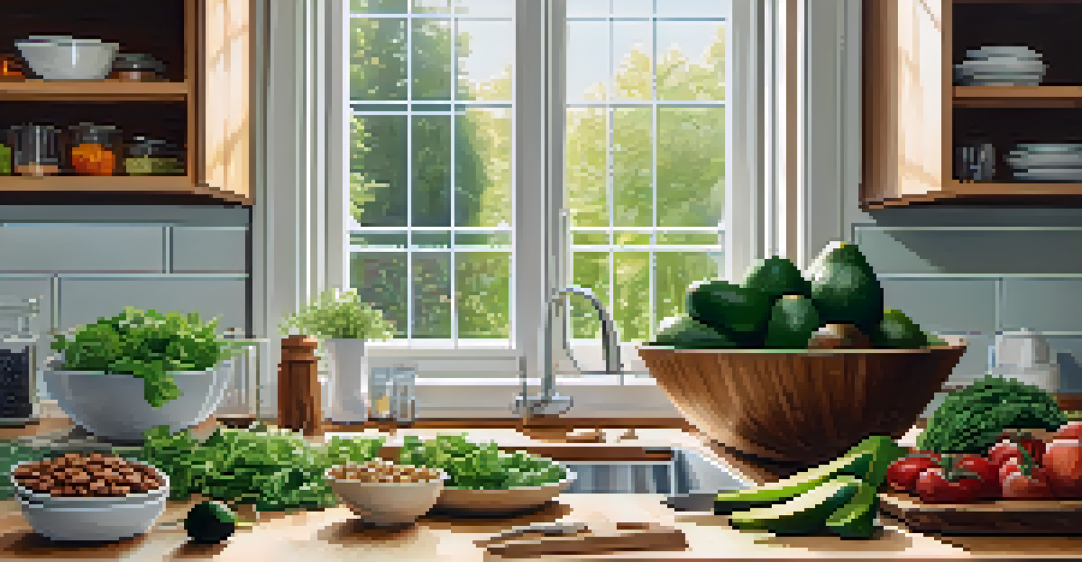 A bright kitchen with a wooden countertop filled with fresh whole foods, and a person preparing a colorful salad in natural light.