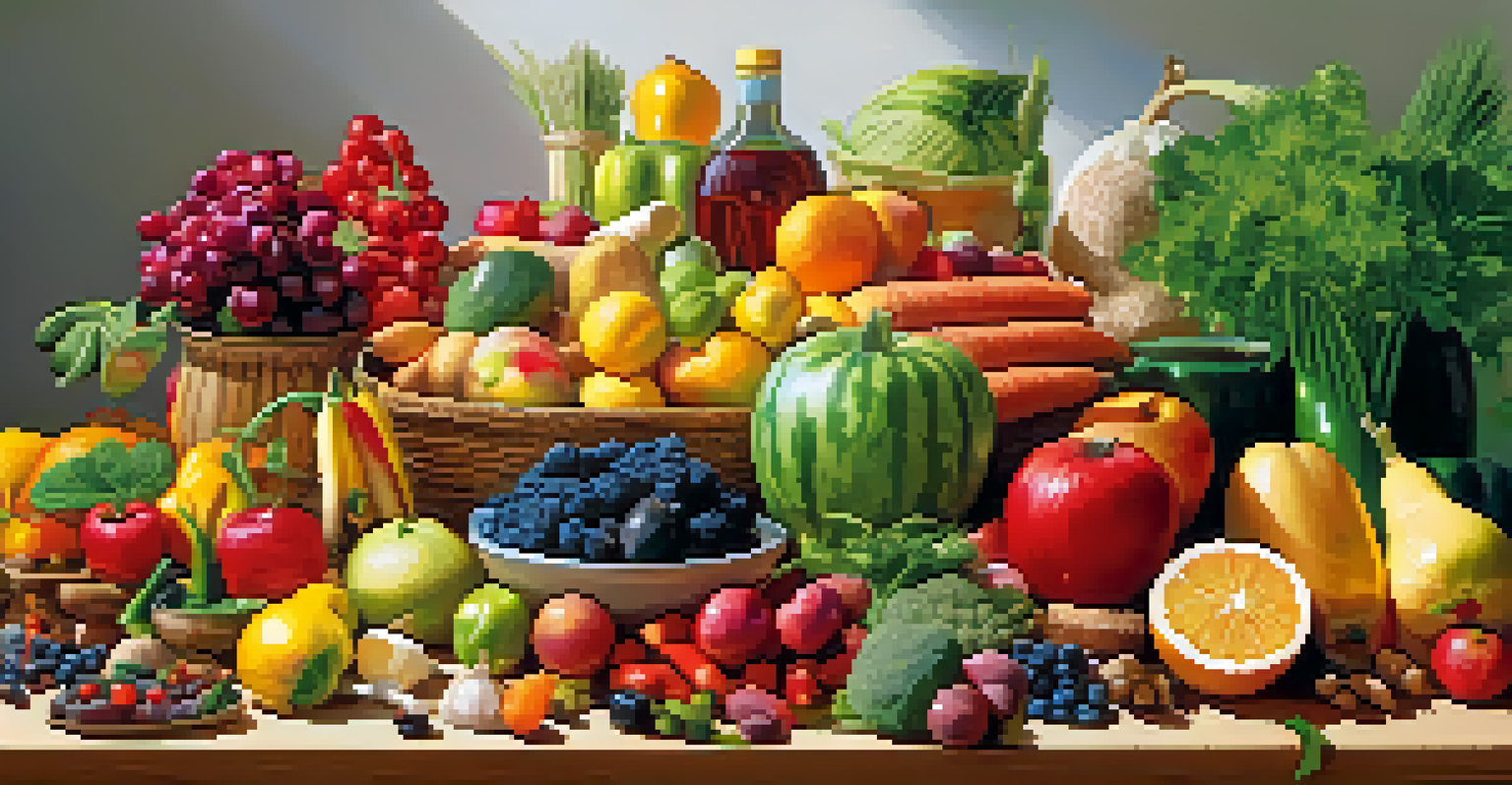 A colorful arrangement of healthy foods including fruits, vegetables, and herbs on a wooden table, representing naturopathy and TCM principles.