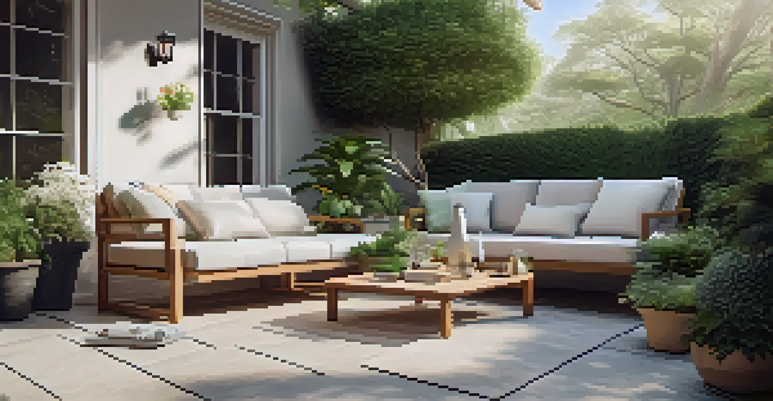 A clean outdoor area with patio furniture and an air purifier, surrounded by greenery and hypoallergenic plants.