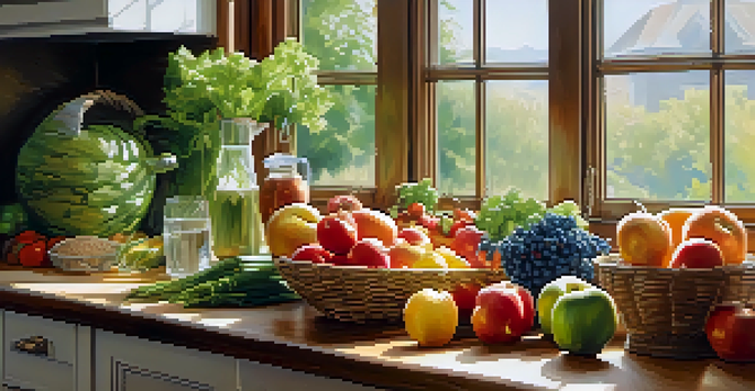A bright kitchen with fresh fruits and vegetables on a countertop, illuminated by natural light.