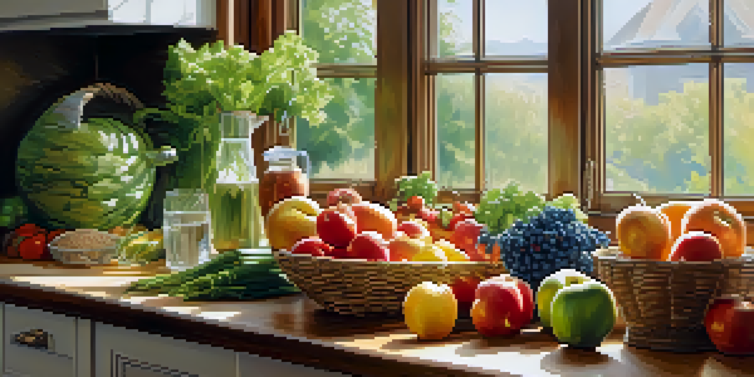A bright kitchen with fresh fruits and vegetables on a countertop, illuminated by natural light.