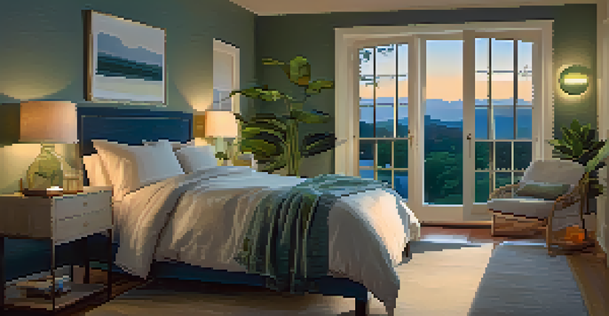 A peaceful bedroom with soft fabrics, a window showing twilight, and plants, evoking a calming atmosphere.