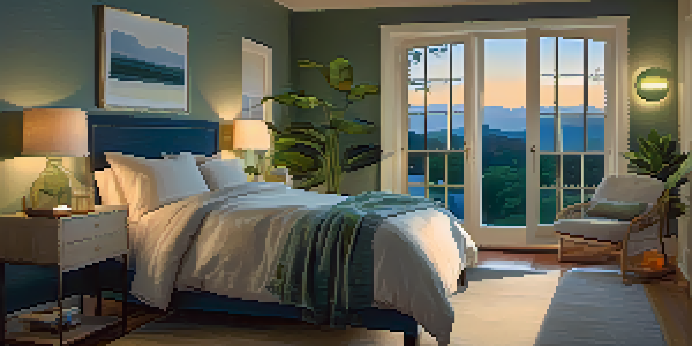 A peaceful bedroom with soft fabrics, a window showing twilight, and plants, evoking a calming atmosphere.