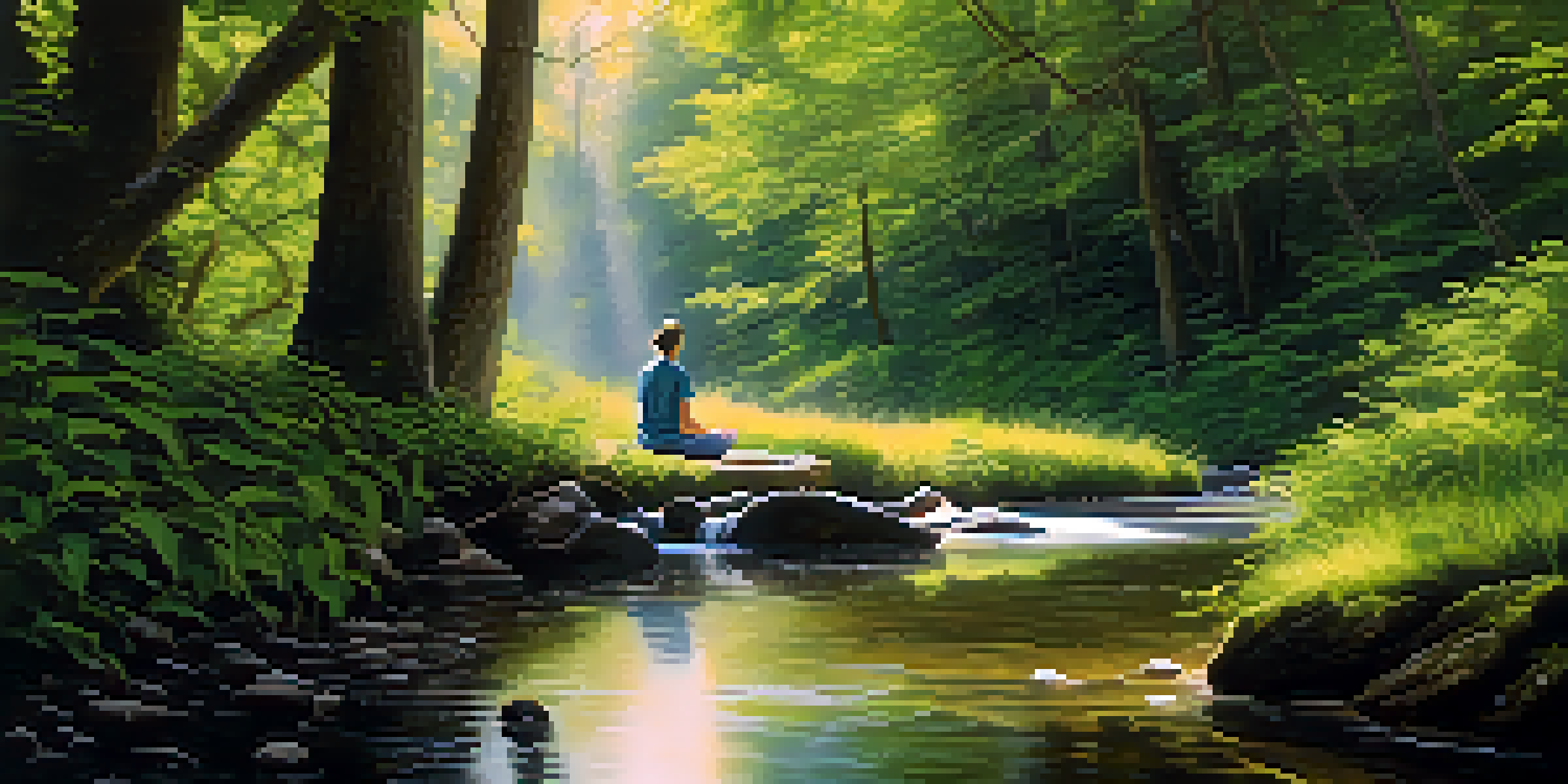 A peaceful forest with sunlight, a stream, and a person meditating by the water.