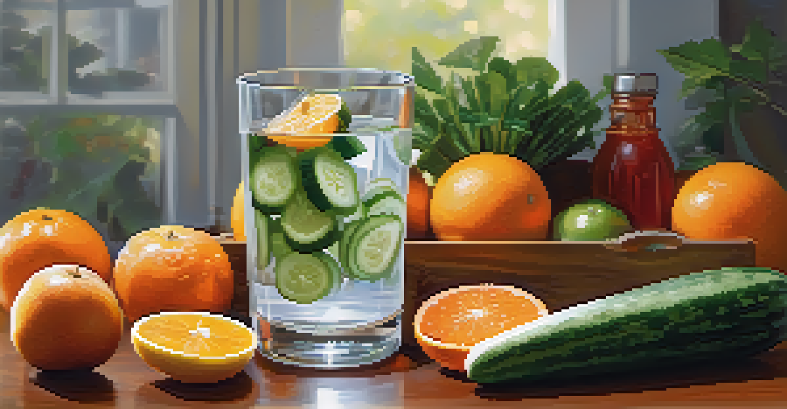 A hand holding a glass of water with fresh fruits and vegetables in the background.