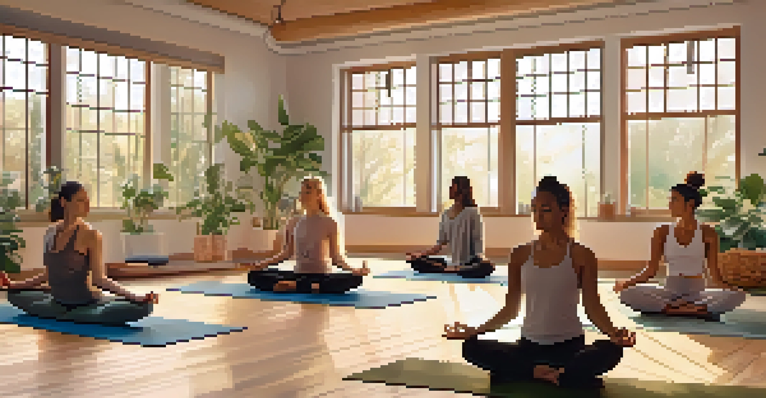 A diverse group of women practicing yoga in a warm and inviting studio, showcasing various yoga poses and a peaceful atmosphere.