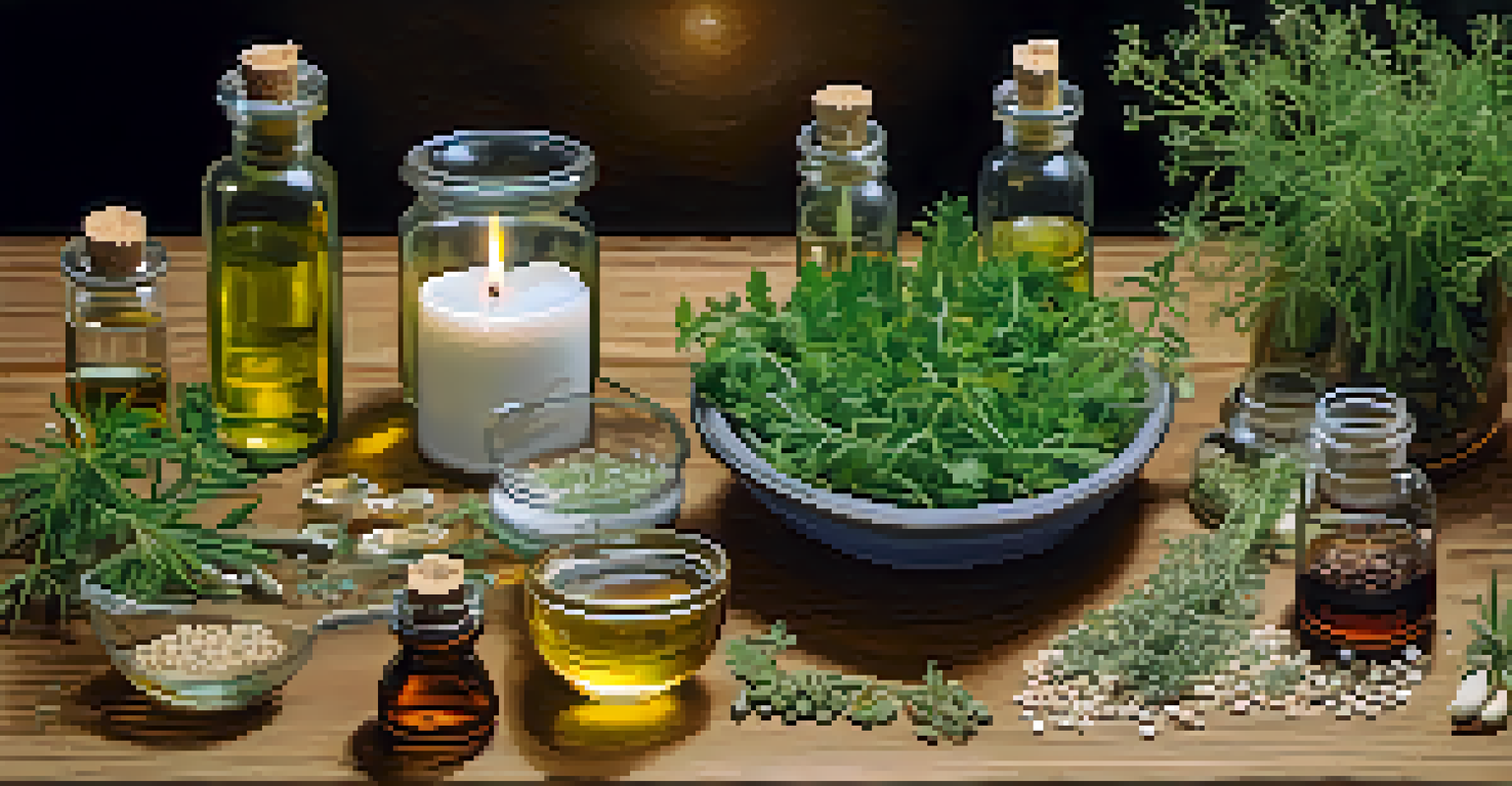 A rustic table showcasing homeopathic remedies for asthma, with glass vials, herbs, and seeds arranged artfully.