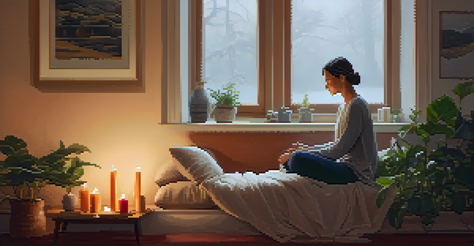 A person sitting on a cushion in a softly lit room, practicing mindful breathing with candles and plants around.