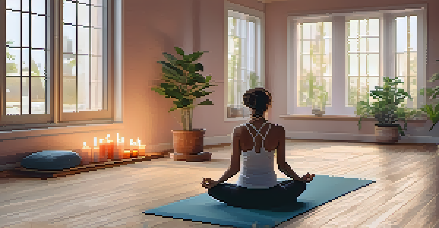 A serene meditation space with a yoga mat, candles, and potted plants, illuminated by natural light, with a person meditating peacefully.