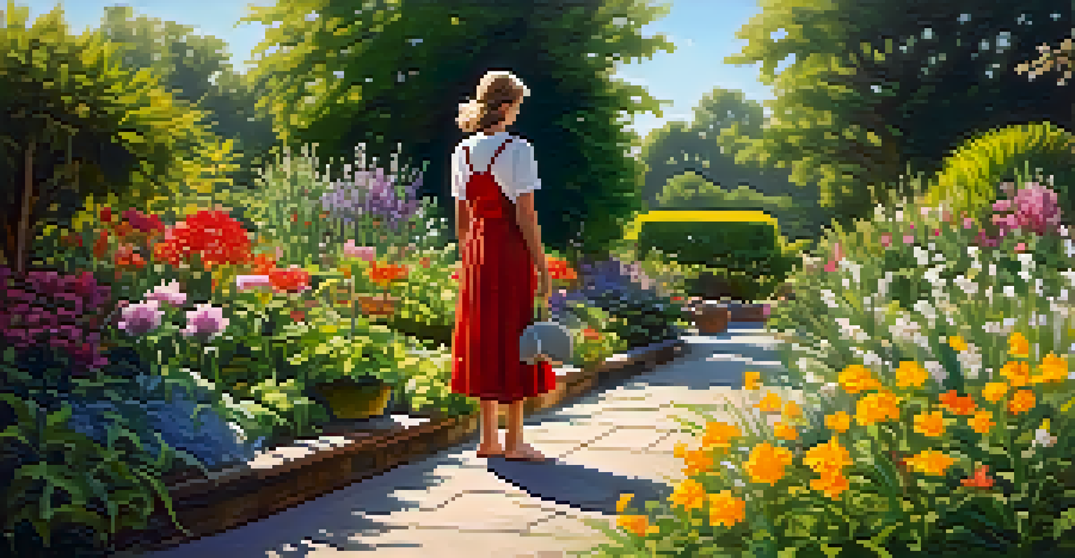 A person gardening among bright flowers and greenery, with butterflies fluttering around, creating a warm and healing atmosphere.